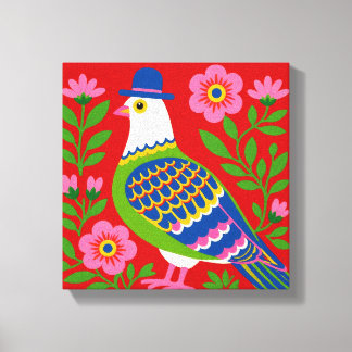Färgglad Folk Bird Canvastryck Skandinavisk Flora