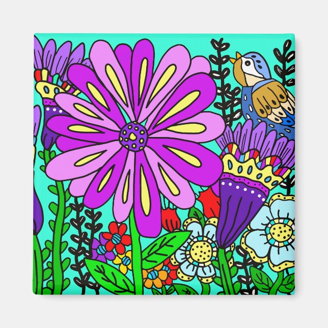 Färgglad folkkonst stil fågel och blommor magnet (Framsidan)