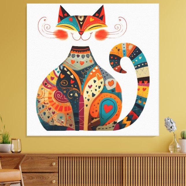 Färgglad folklig konstkatt canvastryck (Insitu (Vardagsrum))