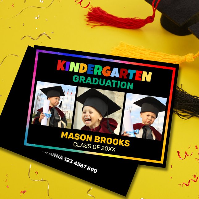 FÄRGGLAD FÖRskoleklass EXAMENSFOTO KOLLAGE Inbjudningar (Bright Kindergarten Graduation Invitation with a rainbow border and three photo slots.Personalize it)