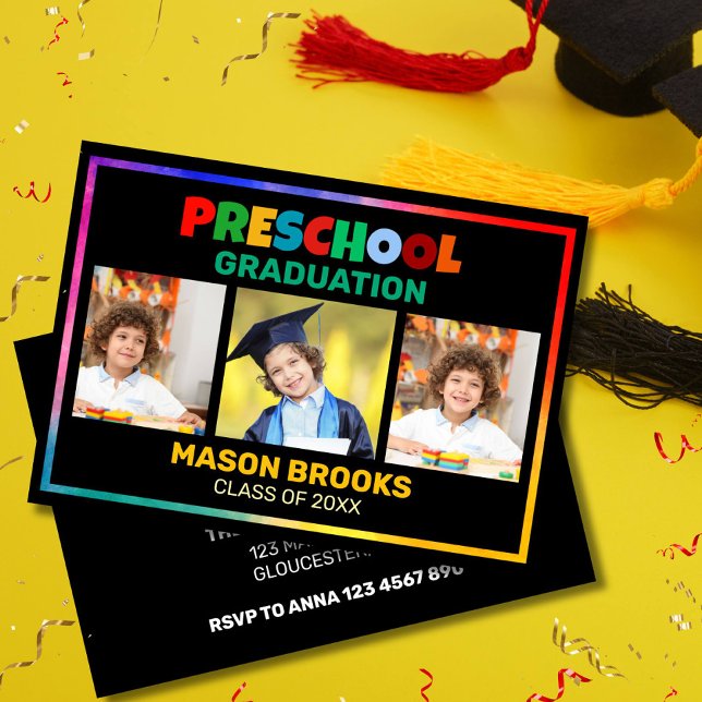 FÄRGGLAD FÖRskolexAMEN FOTO KOLLAGE Inbjudningar (Bright preschool Graduation Invitation with a rainbow border and three photo slots. Personalize it)