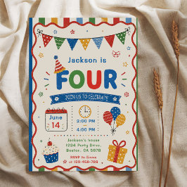 Färgglad FOUR 4-års födelsedagsfest Inbjudningar