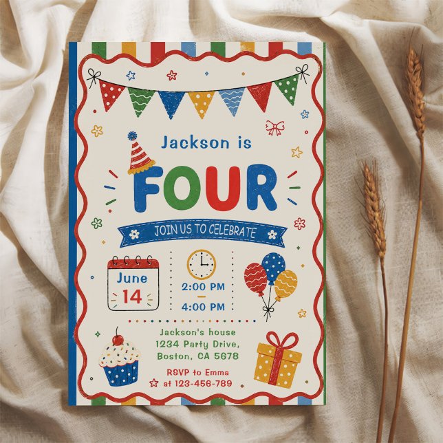Färgglad FOUR 4-års födelsedagsfest Inbjudningar (Skapare uppladdad)