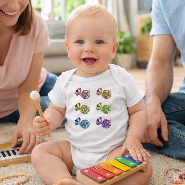 Färgglad fransk horn Pop Art T Shirt (A baby body suit with 6 french horns in red, orange, yellow, green, blue & purple.)