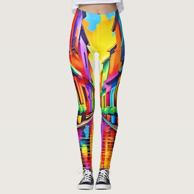 Färgglad gatu sceneri konst leggings (Framsida)