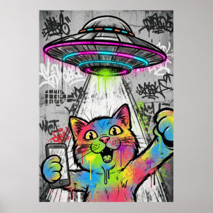 Färgglad gatukonst Katt med UFO-graffiti Poster