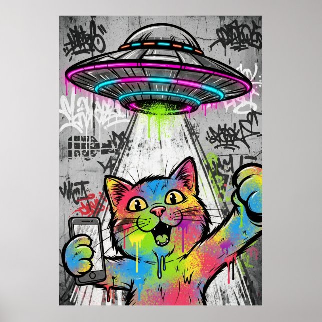 Färgglad gatukonst Katt med UFO-graffiti Poster (Framsidan)
