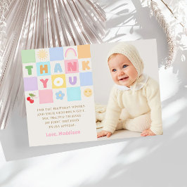 Färgglad Gingham Flicka 1-års Födelsedagsfoto Tack Kort