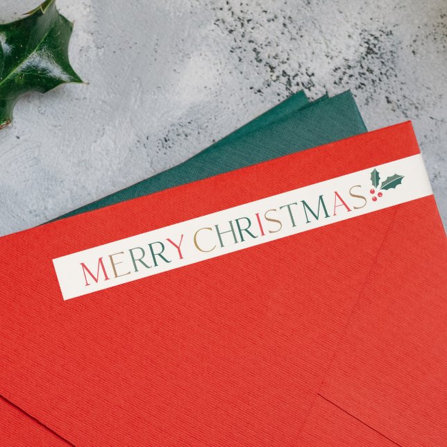 Färgglad Glad Jul Kort Returadress Etikettband (Elegant colorful Merry Christmas Card Return Address Wrap Around Label with Holly Accent.)