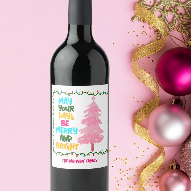Färgglad Glad Ljus Rosa Julgransfest Vinflaska Etikett (Skapare uppladdad)
