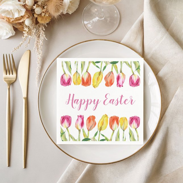 Färgglad Glad Påsk Blommig Tulpan  Pappersservett (Colorful Happy Easter Floral Tulip Napkins)