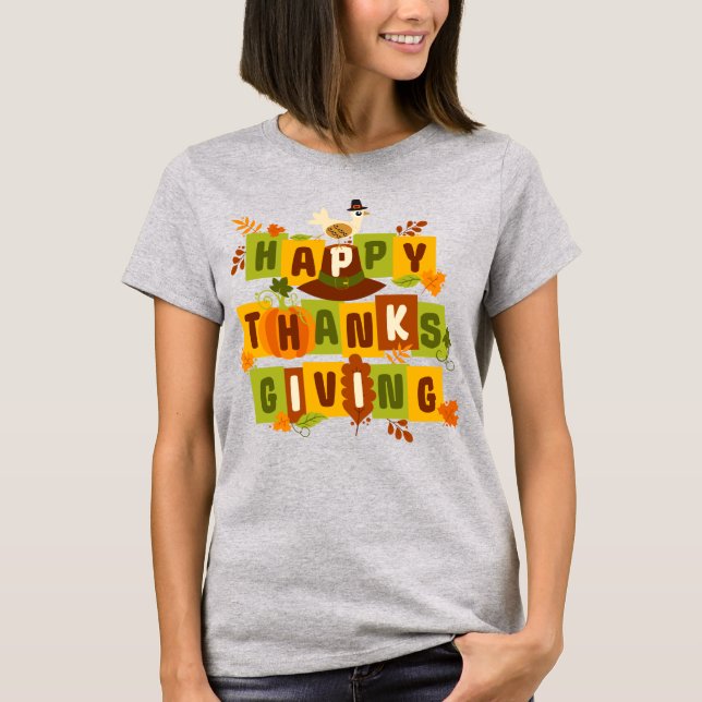 Färgglad Glad Thanksgiving T Shirt (Framsida)