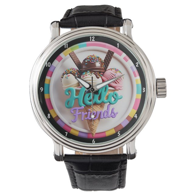 Färgglad Glasskul Glädje Sprinkles Vänlig Message Armbandsur (Framsida)