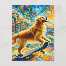 Färgglad Golden Retriever Skateboardåkning  Vykort