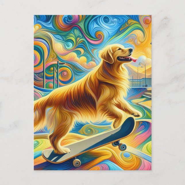Färgglad Golden Retriever Skateboardåkning  Vykort (Framsida)