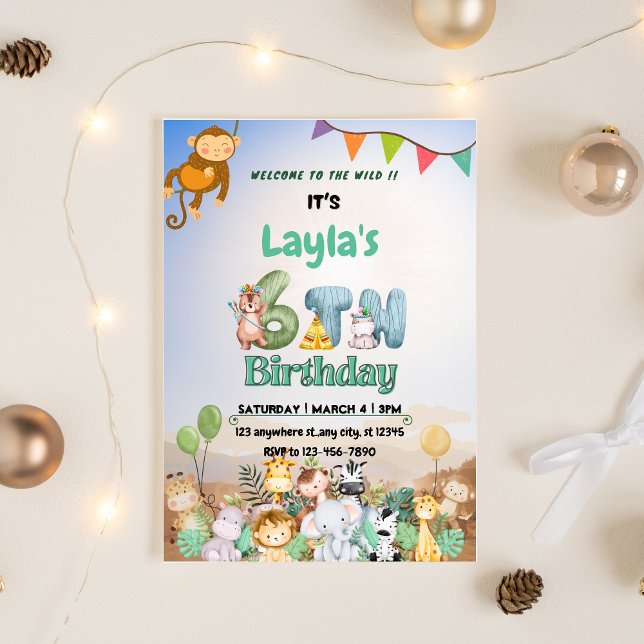 Färgglad grön & blå safari 6-års inbjudan (Colorful Green & Blue Safari 6th Birthday Invitation)