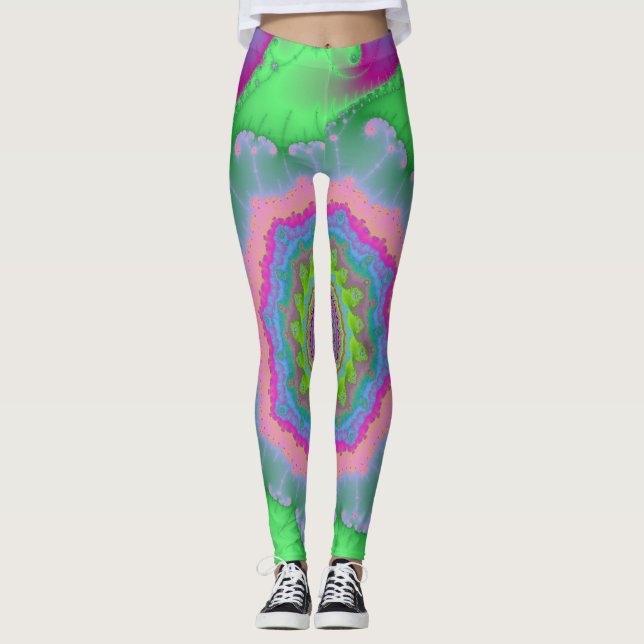 Färgglad Grön och Persika Fraktal Leggings (Framsida)