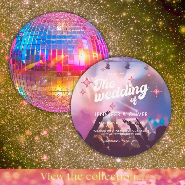 Färgglad Groovy Rosa Glitter Diskoboll Bröllop Inbjudningar (Front / Back)