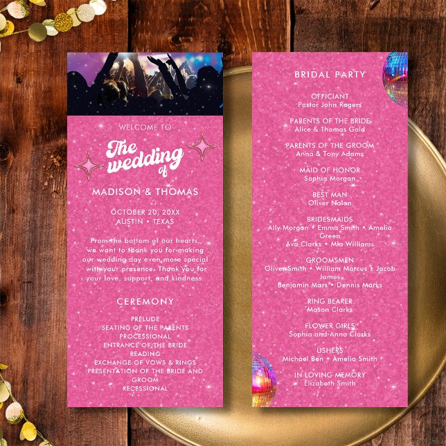 Färgglad Groovy Rosa Glitter Diskoboll Bröllop Program (Front / Back)