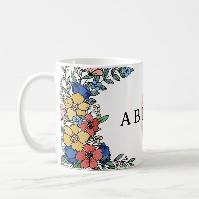 Färgglad Gul Blå Korall Blommig Monogram Kaffemugg (Vänster)