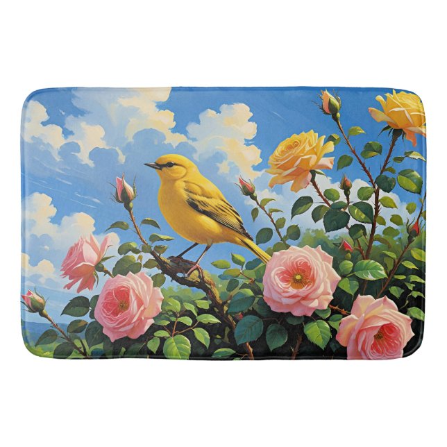 Färgglad gul fågel och vackra rosa rosor badrumsmatta (Framsidan)
