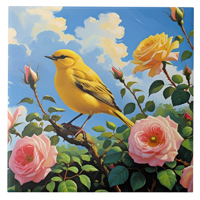 Färgglad gul fågel och vackra rosa rosor kakelplatta (Framsidan)