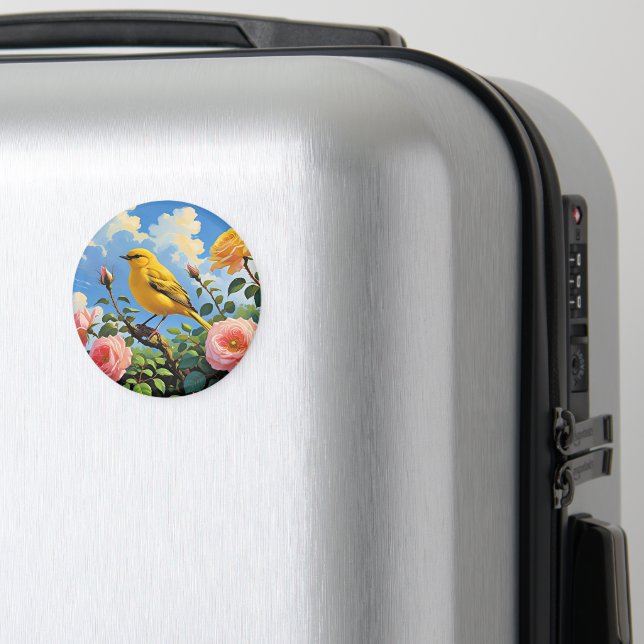 Färgglad gul fågel och vackra rosa rosor magnet (In Situ (Luggage))