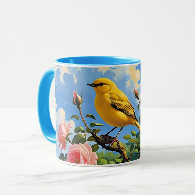 Färgglad gul fågel och vackra rosa rosor mugg (Framsida vänster)