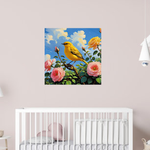 Färgglad gul fågel och vackra rosa rosor poster