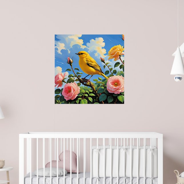 Färgglad gul fågel och vackra rosa rosor poster (Barnkammare 2)