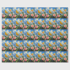 Färgglad gul fågel och vackra rosa rosor presentpapper