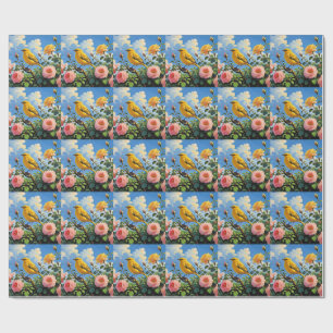 Färgglad gul fågel och vackra rosa rosor presentpapper