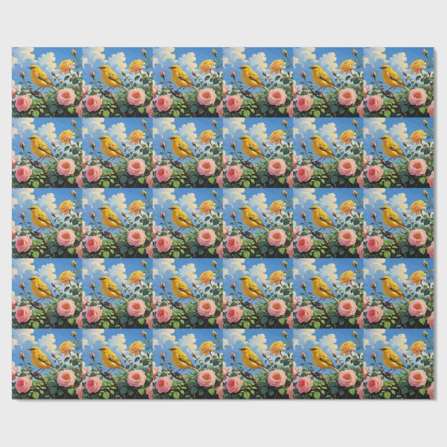 Färgglad gul fågel och vackra rosa rosor presentpapper (Platt)