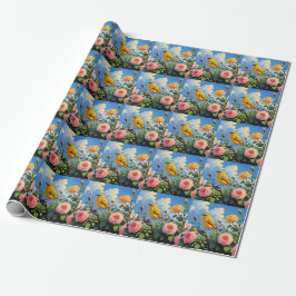 Färgglad gul fågel och vackra rosa rosor presentpapper