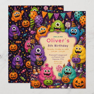 Färgglad Halloween monster födelsedag Inbjudningar