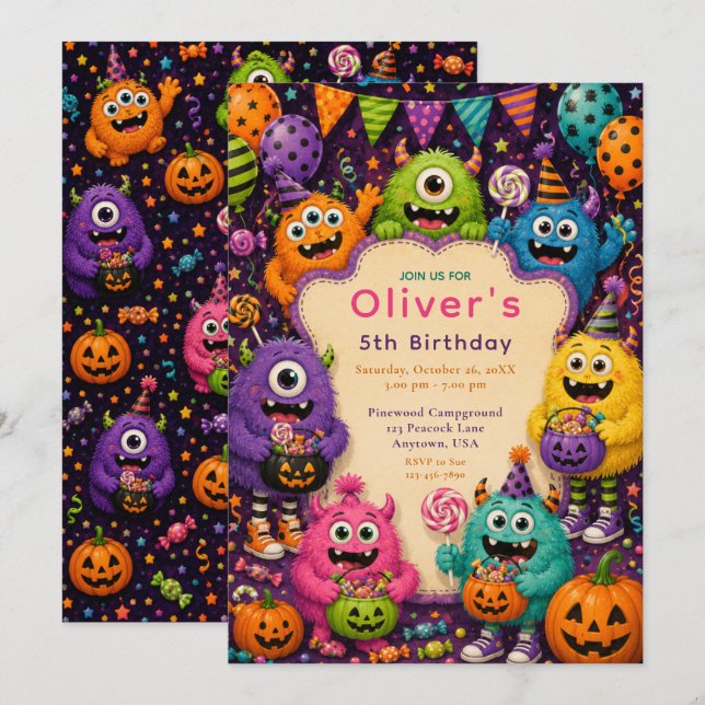 Färgglad Halloween monster födelsedag Inbjudningar (Fram/baksida)