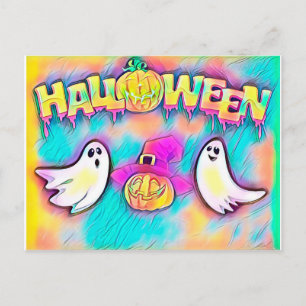 Färgglad Halloween-spöke och pumpor Vykort