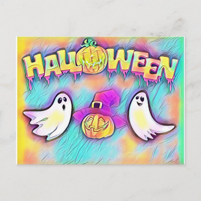 Färgglad Halloween-spöke och pumpor Vykort (Framsida)