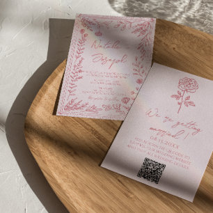 Färgglad Handritad QR-kod Blomsterträdgård Bröllop Inbjudningar