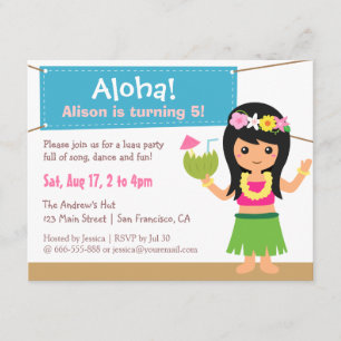 Färgglad hawaiiansk temad hula-flicka Luau-fest Inbjudningar
