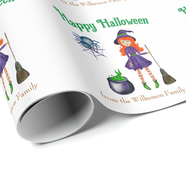 Färgglad häxa och spindel anpassat namn Halloween Presentpapper (Rullad Hörn)