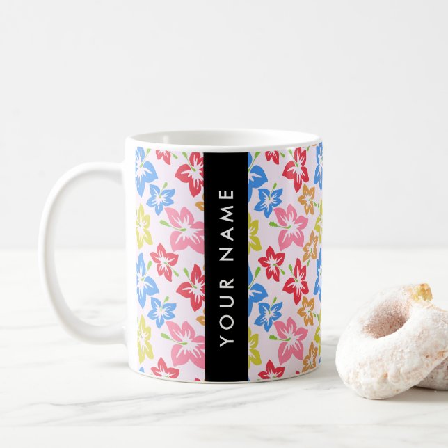 Färgglad Hibiskus, Blommönster, Ditt Namn Kaffemugg (Med munk)