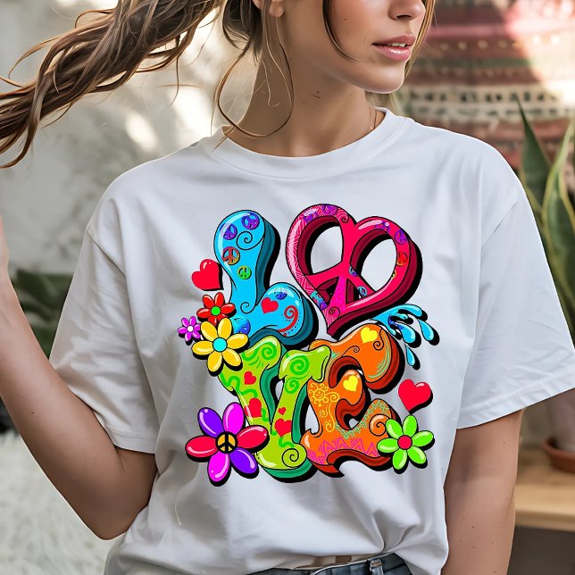 Färgglad Hippie Stil KÄRLEK Grafik T Shirt (Skapare uppladdad)