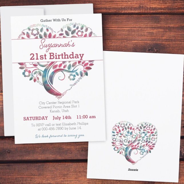 Färgglad hjärtformad träd födelsedagsmall inbjudningar (Invitation template front and back)