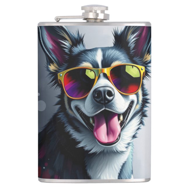 Färgglad hund med solglasögon fickplunta (Framsidan)
