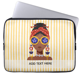 Färgglad illustration av en kvinnas huvud på gul b laptop fodral