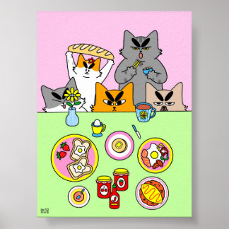 Färgglad illustration av kött katt på frukostklubb poster
