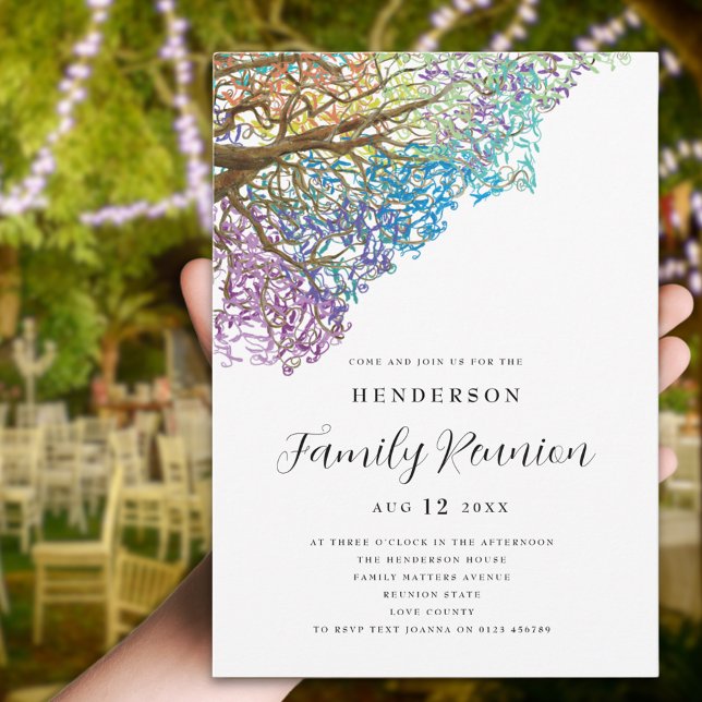 Färgglad inbjudan till familjeåterträff för Träd-f (Colorful tree branches watercolor family reunion invitation Modern elegant script )