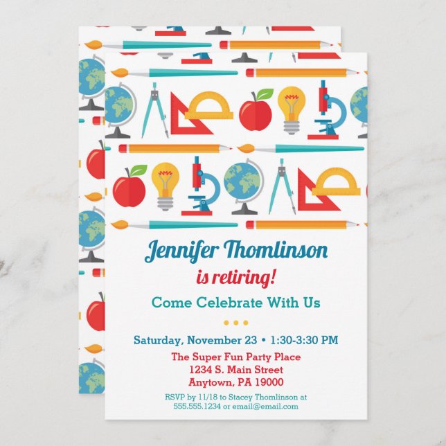 Färgglad inbjudan till lärarpensionärsfest (Fram/baksida)