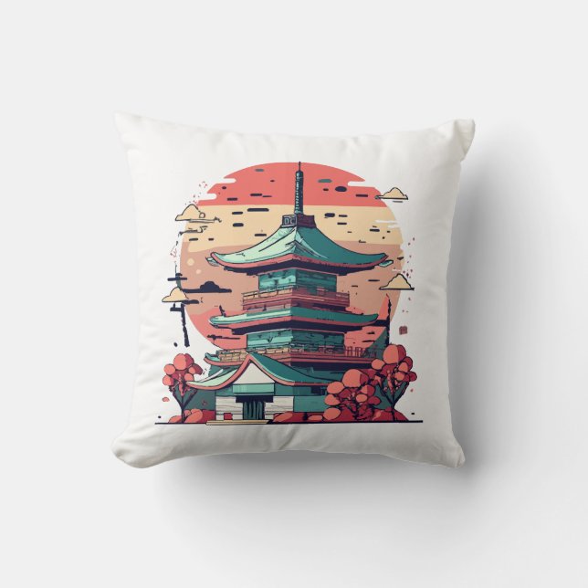Färgglad Japansk Byggnadskonst Kudde (Framsida)
